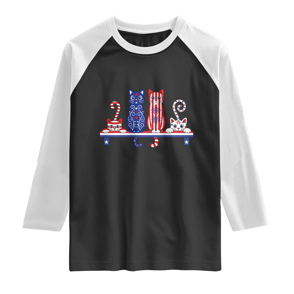 Red White And Blue Cute Cats Raglan Shirt Patriotic Pet Lover