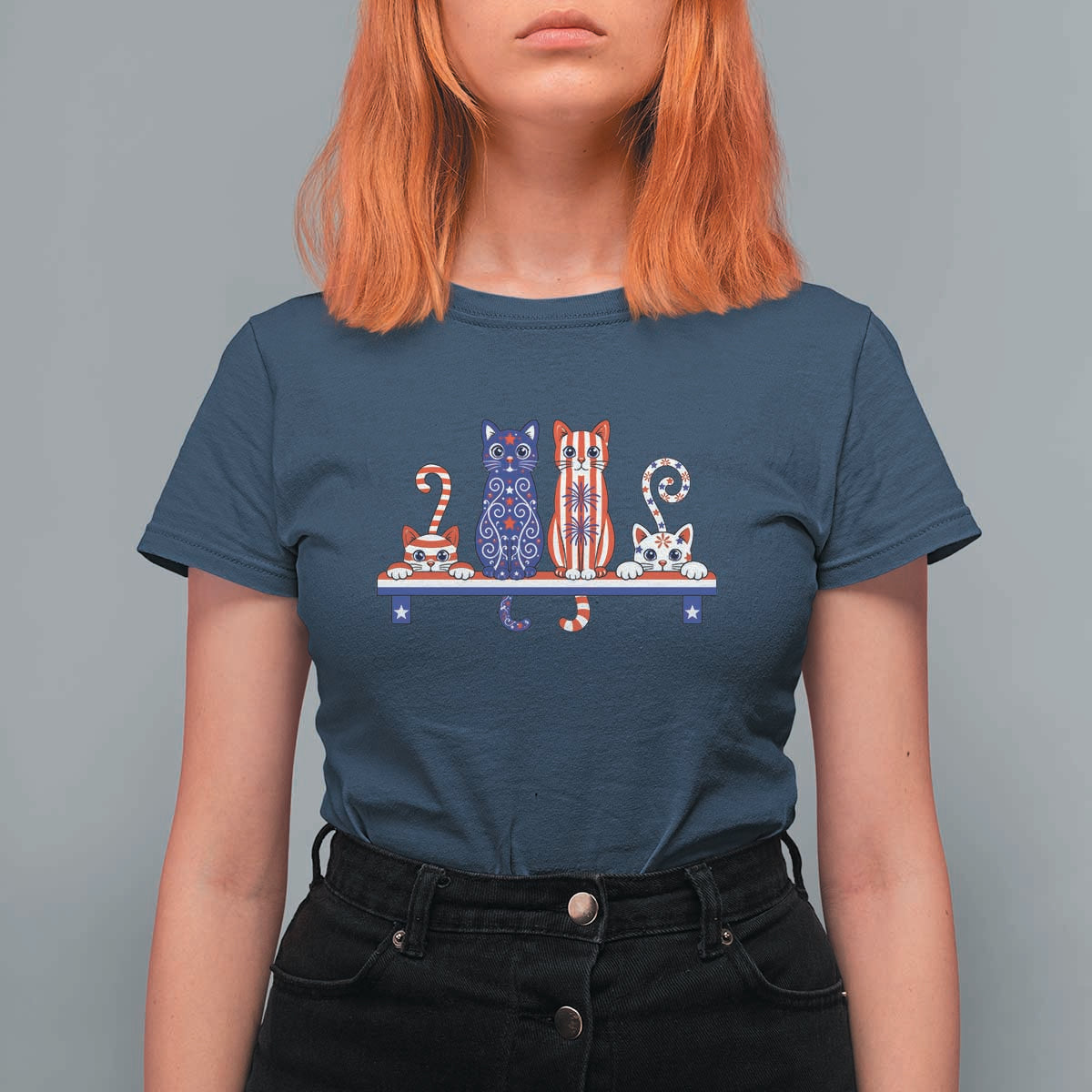Red White And Blue Cute Cats T Shirt For Women Patriotic Pet Lover