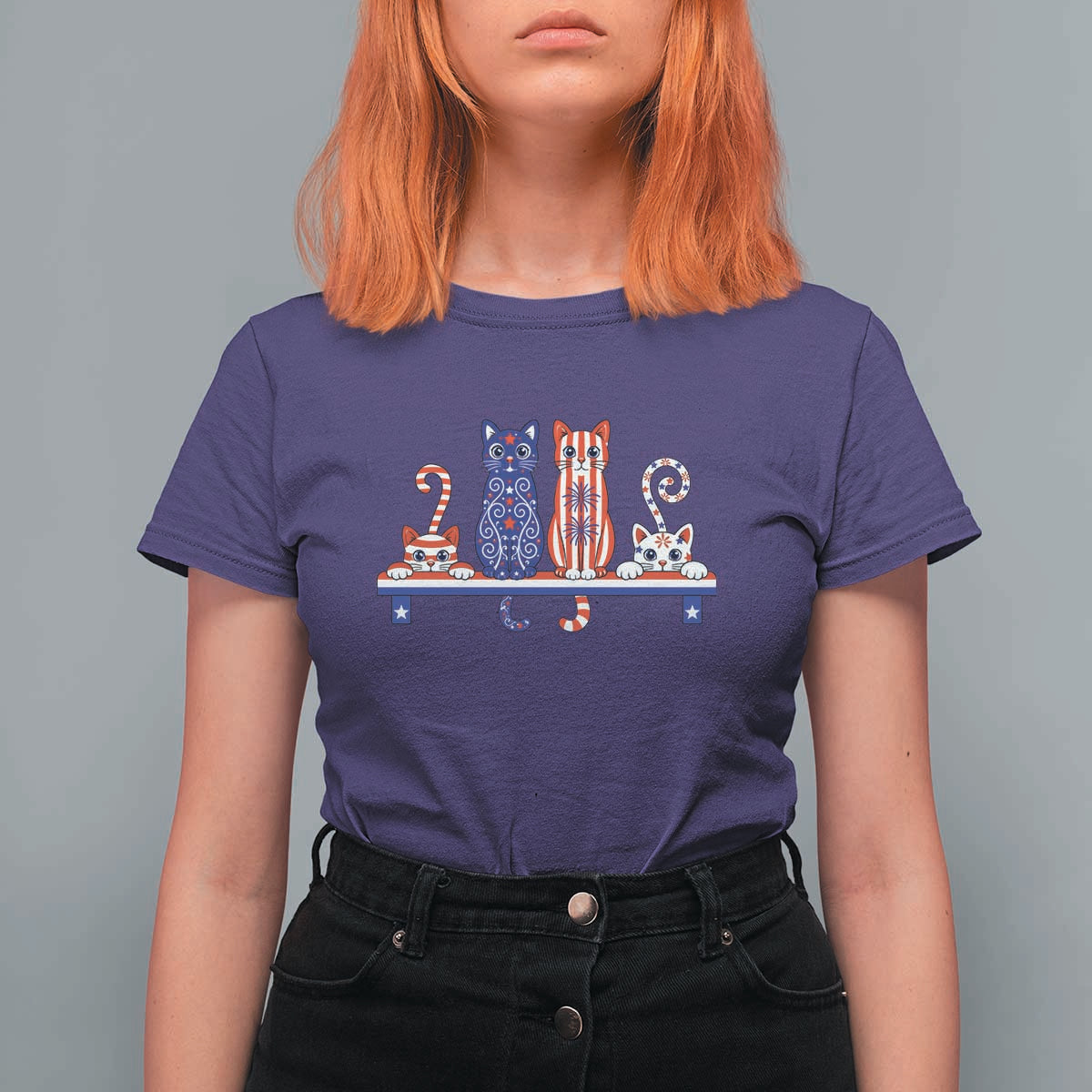 Red White And Blue Cute Cats T Shirt For Women Patriotic Pet Lover
