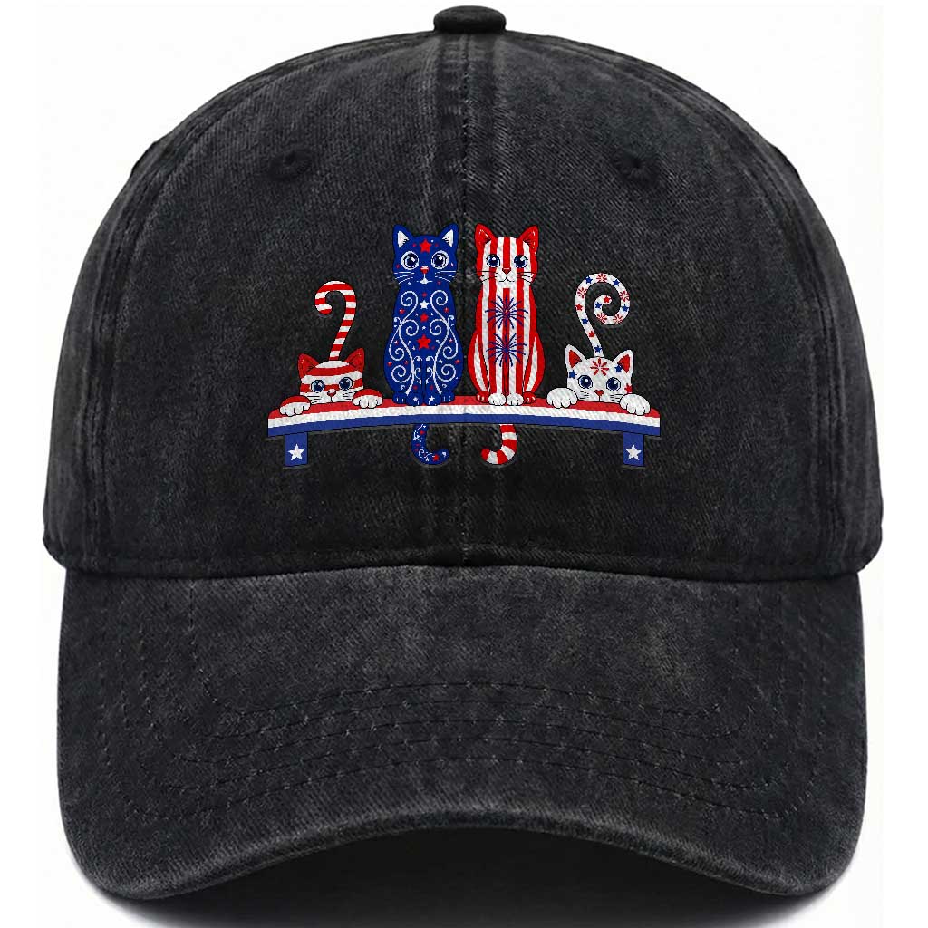Red White And Blue Cute Cats Washed Cotton Baseball Cap Patriotic Pet Lover