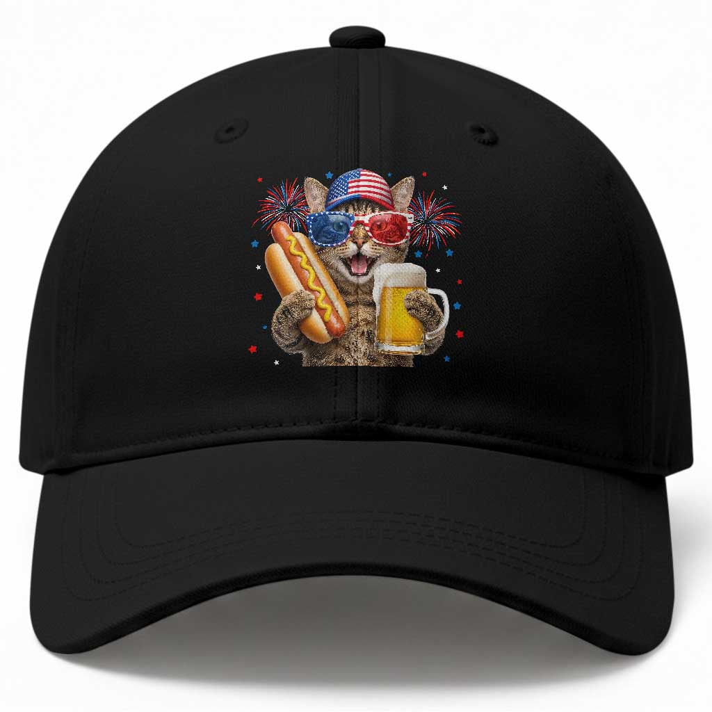 Beer And Hotdog Cat Baseball Cap Fourth Of July Celebration