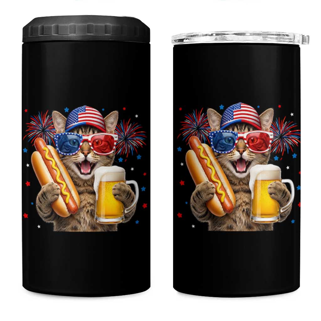 Beer And Hotdog Cat 4 in 1 Can Cooler Tumbler Fourth Of July Celebration