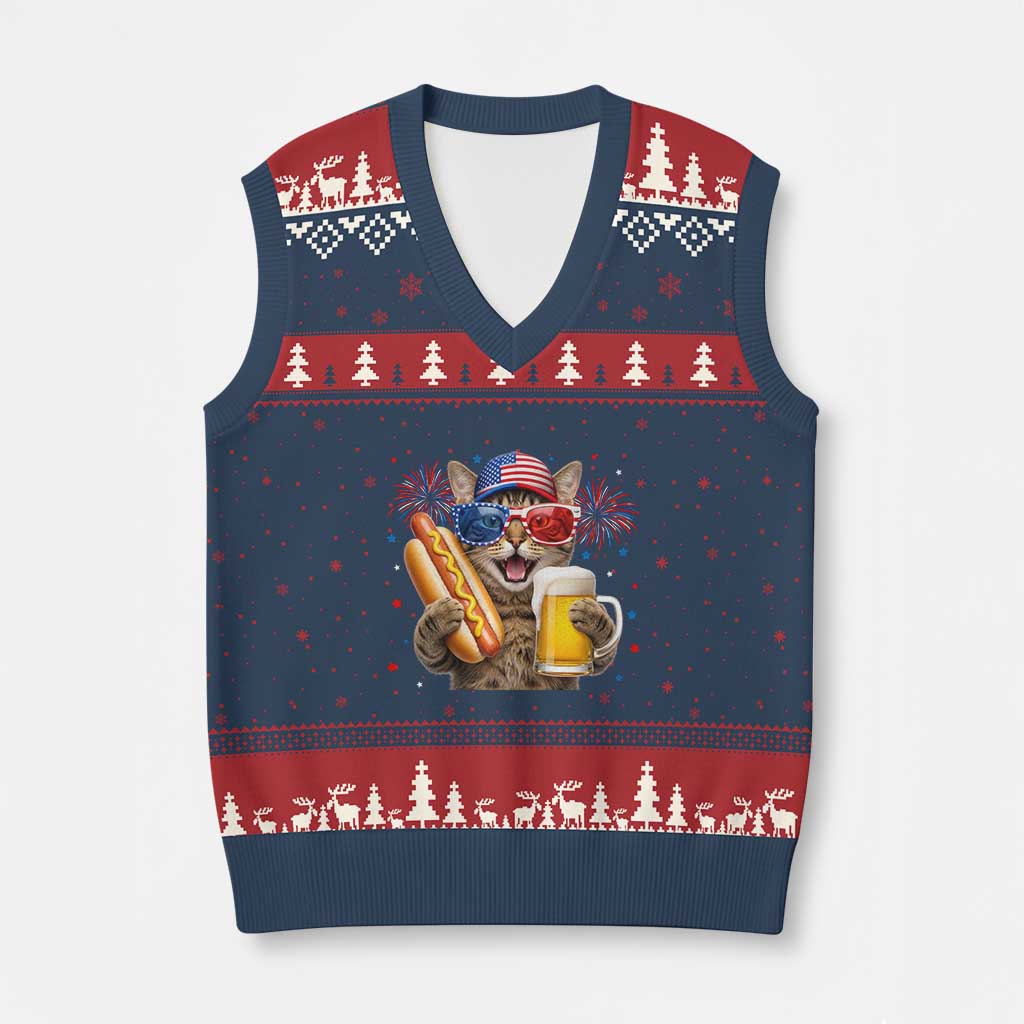 Beer And Hotdog Cat V-Neck Knit Sweater Vest Fourth Of July Celebration