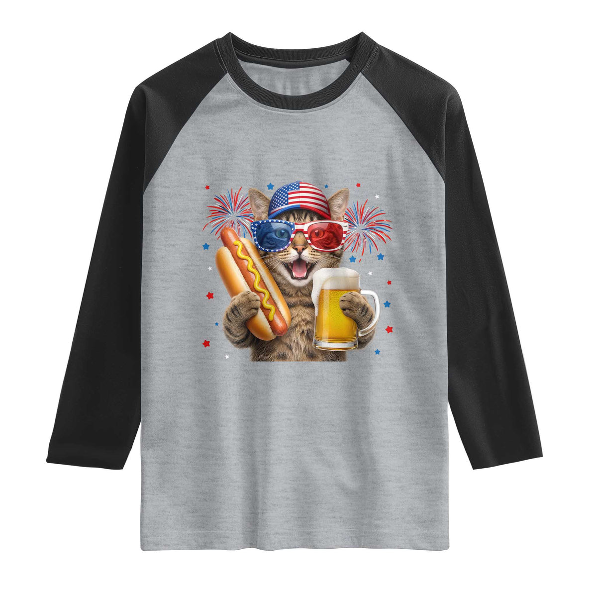 Beer And Hotdog Cat Raglan Shirt Fourth Of July Celebration