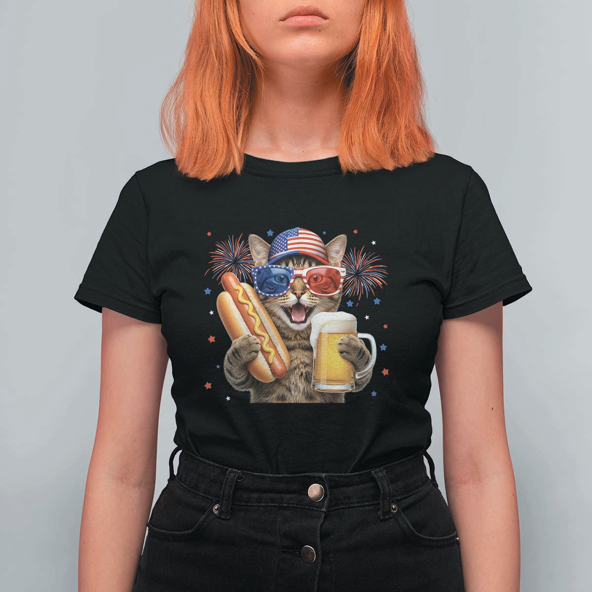 Beer And Hotdog Cat T Shirt For Women Fourth Of July Celebration