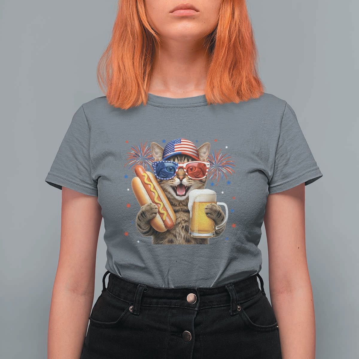 Beer And Hotdog Cat T Shirt For Women Fourth Of July Celebration