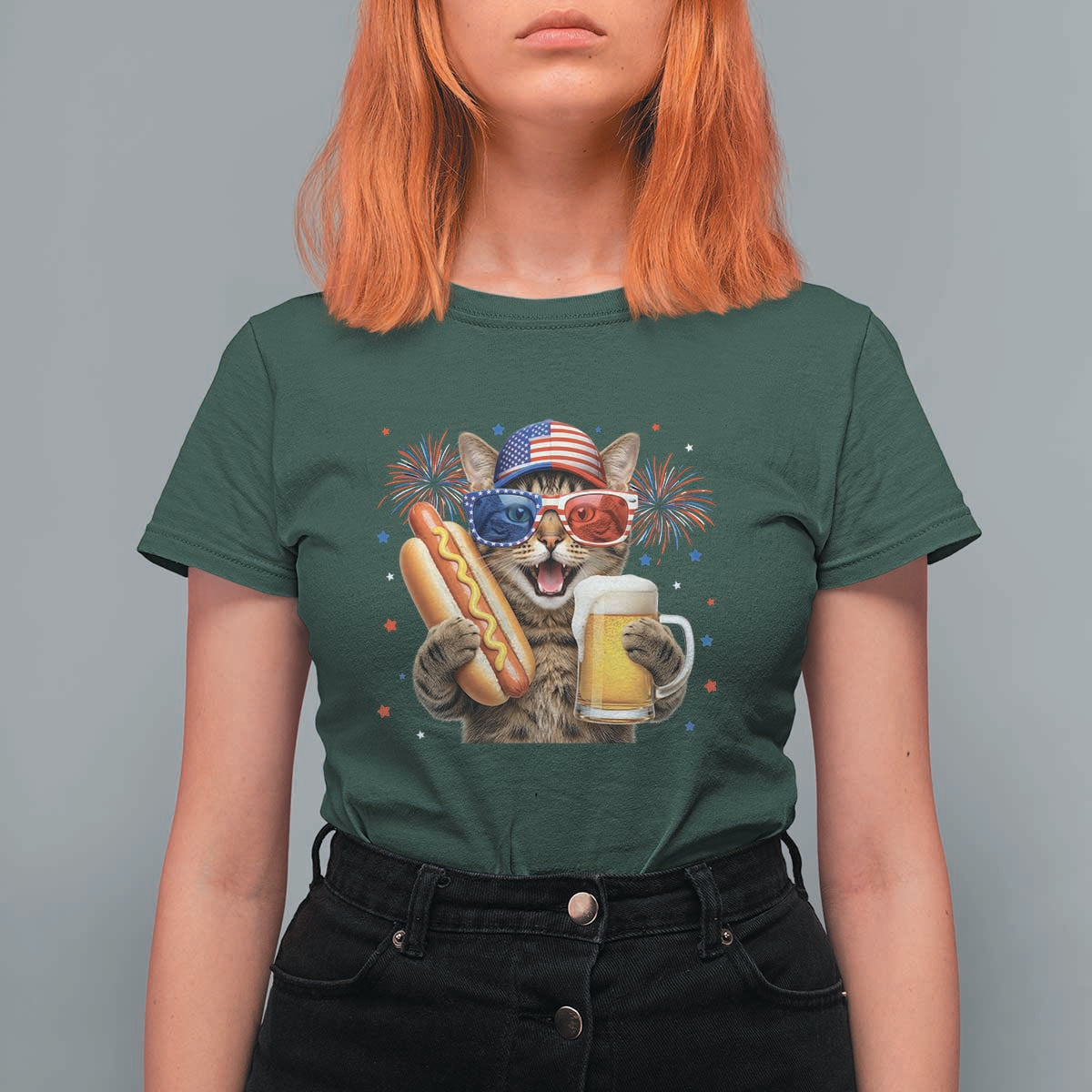 Beer And Hotdog Cat T Shirt For Women Fourth Of July Celebration