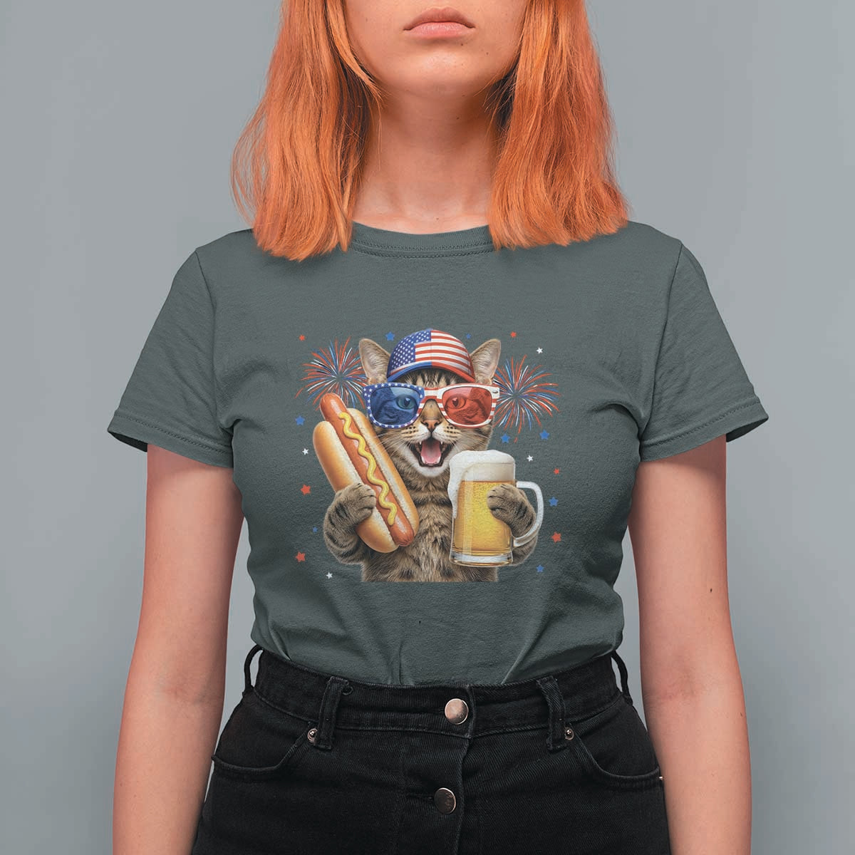 Beer And Hotdog Cat T Shirt For Women Fourth Of July Celebration