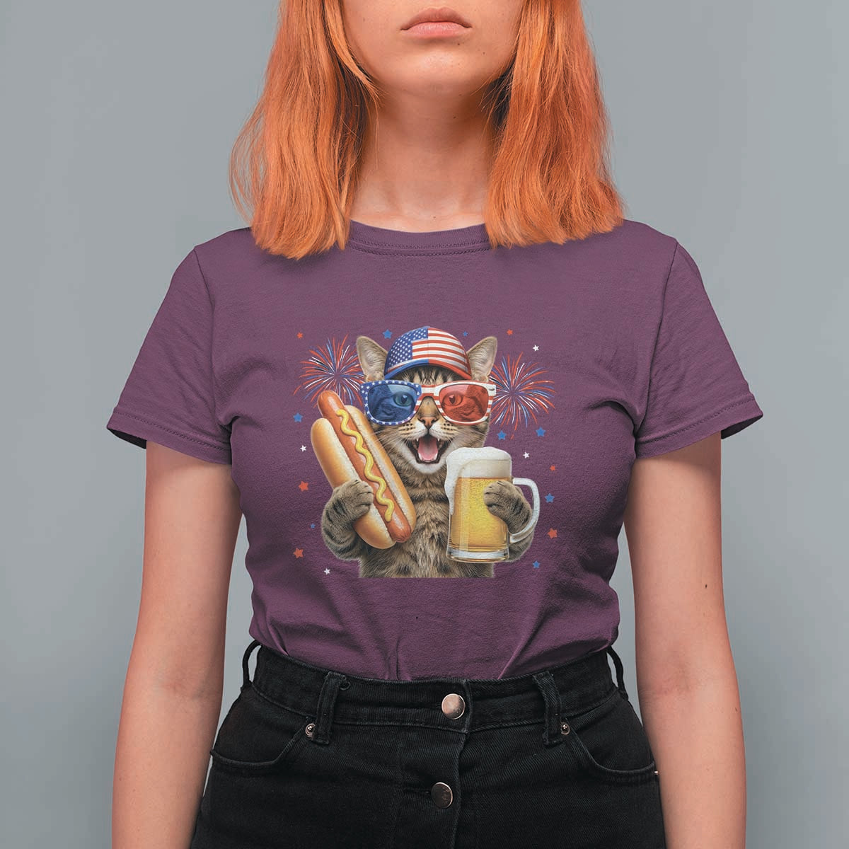 Beer And Hotdog Cat T Shirt For Women Fourth Of July Celebration