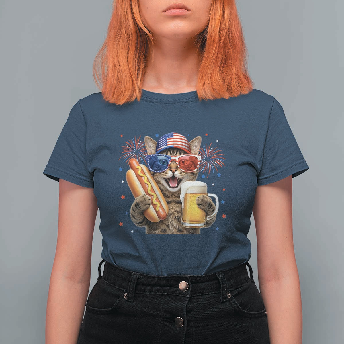 Beer And Hotdog Cat T Shirt For Women Fourth Of July Celebration