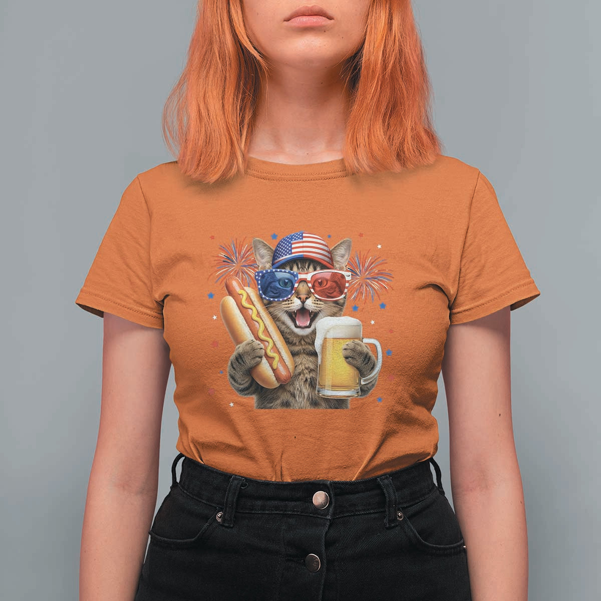 Beer And Hotdog Cat T Shirt For Women Fourth Of July Celebration