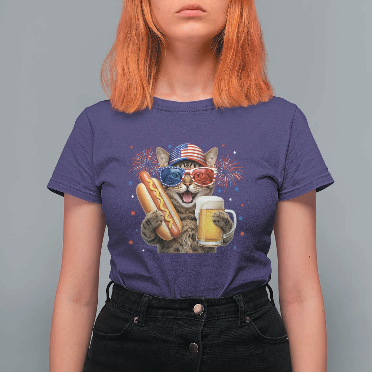 Beer And Hotdog Cat T Shirt For Women Fourth Of July Celebration