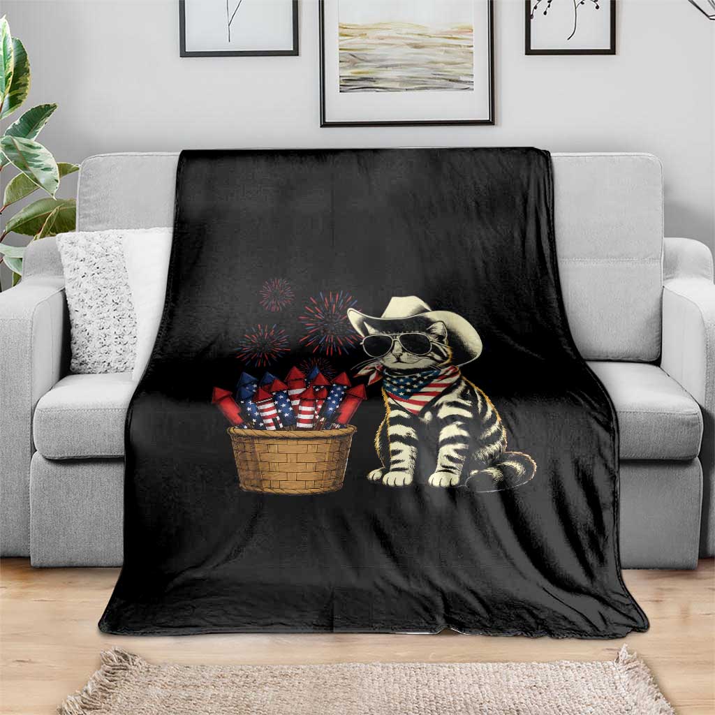 Patriotic Cowboy Cat Throw Blanket 4th Of July Fireworks Celebration