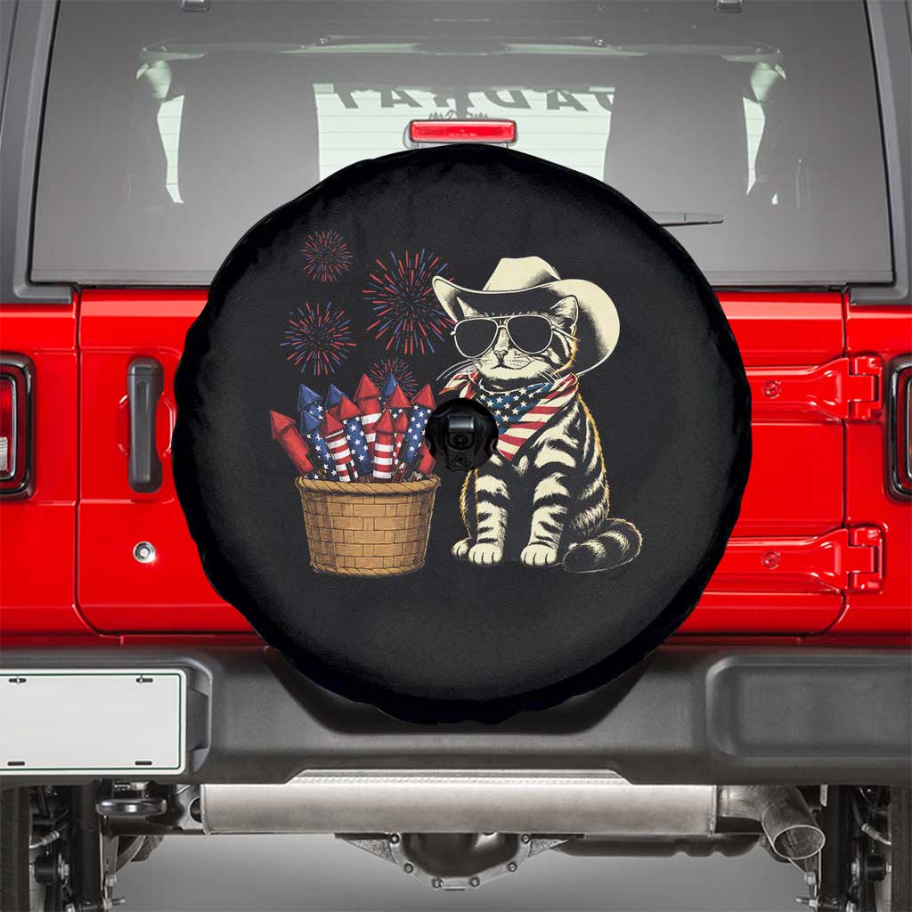 Patriotic Cowboy Cat Spare Tire Cover 4th Of July Fireworks Celebration