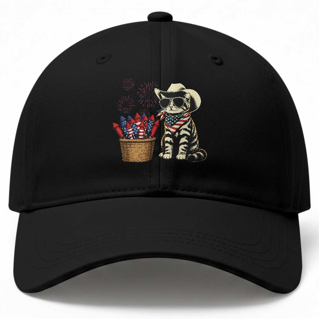 Patriotic Cowboy Cat Baseball Cap 4th Of July Fireworks Celebration