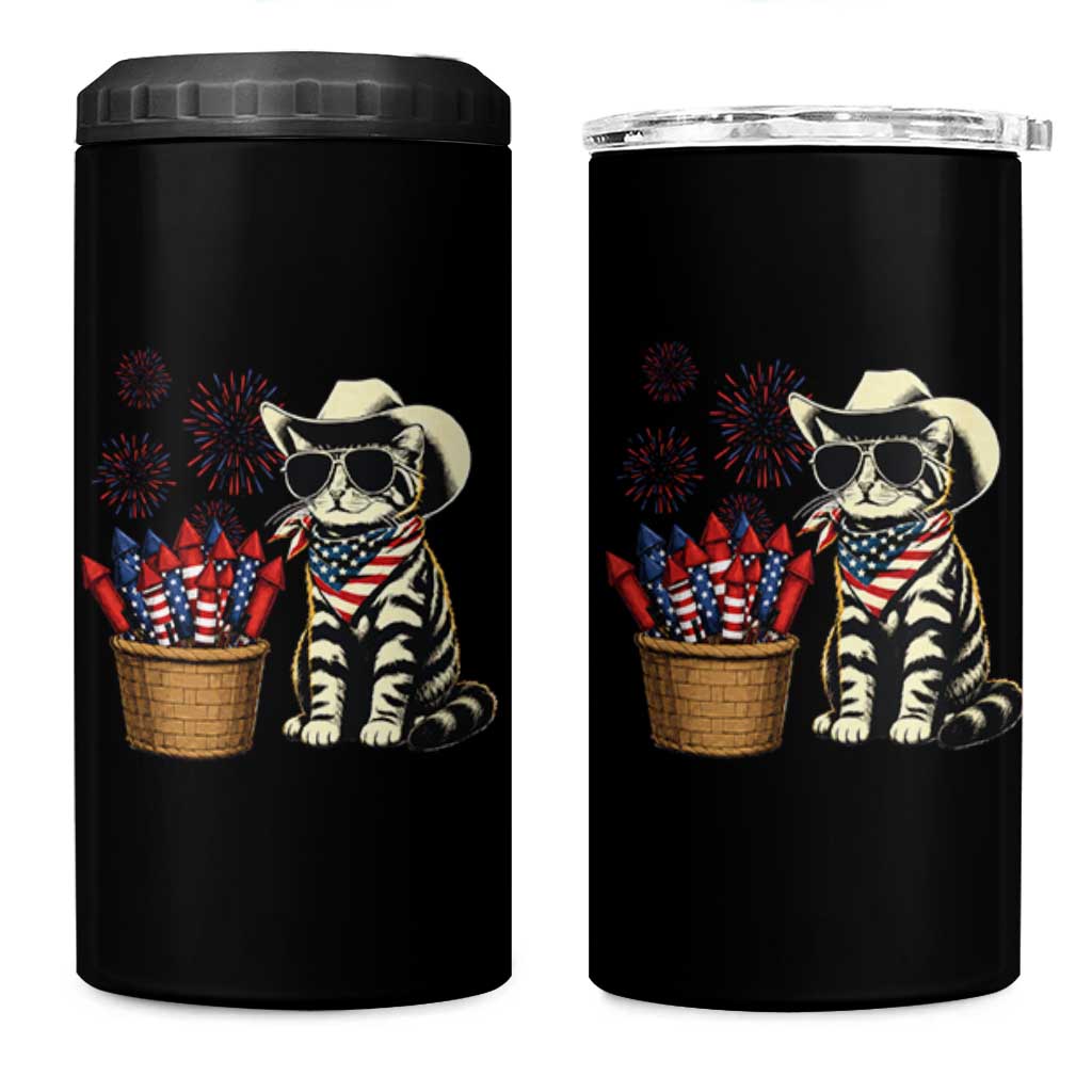Patriotic Cowboy Cat 4 in 1 Can Cooler Tumbler 4th Of July Fireworks Celebration