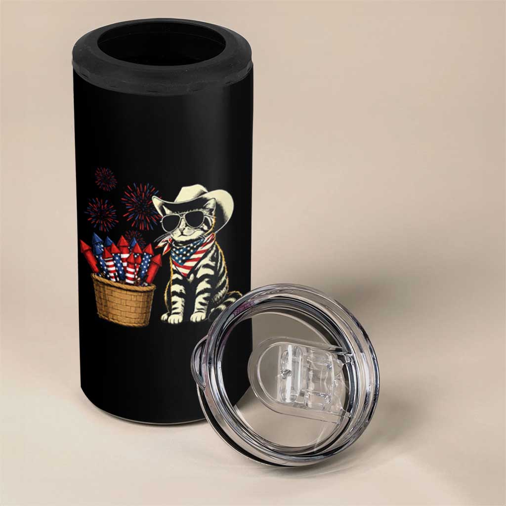 Patriotic Cowboy Cat 4 in 1 Can Cooler Tumbler 4th Of July Fireworks Celebration