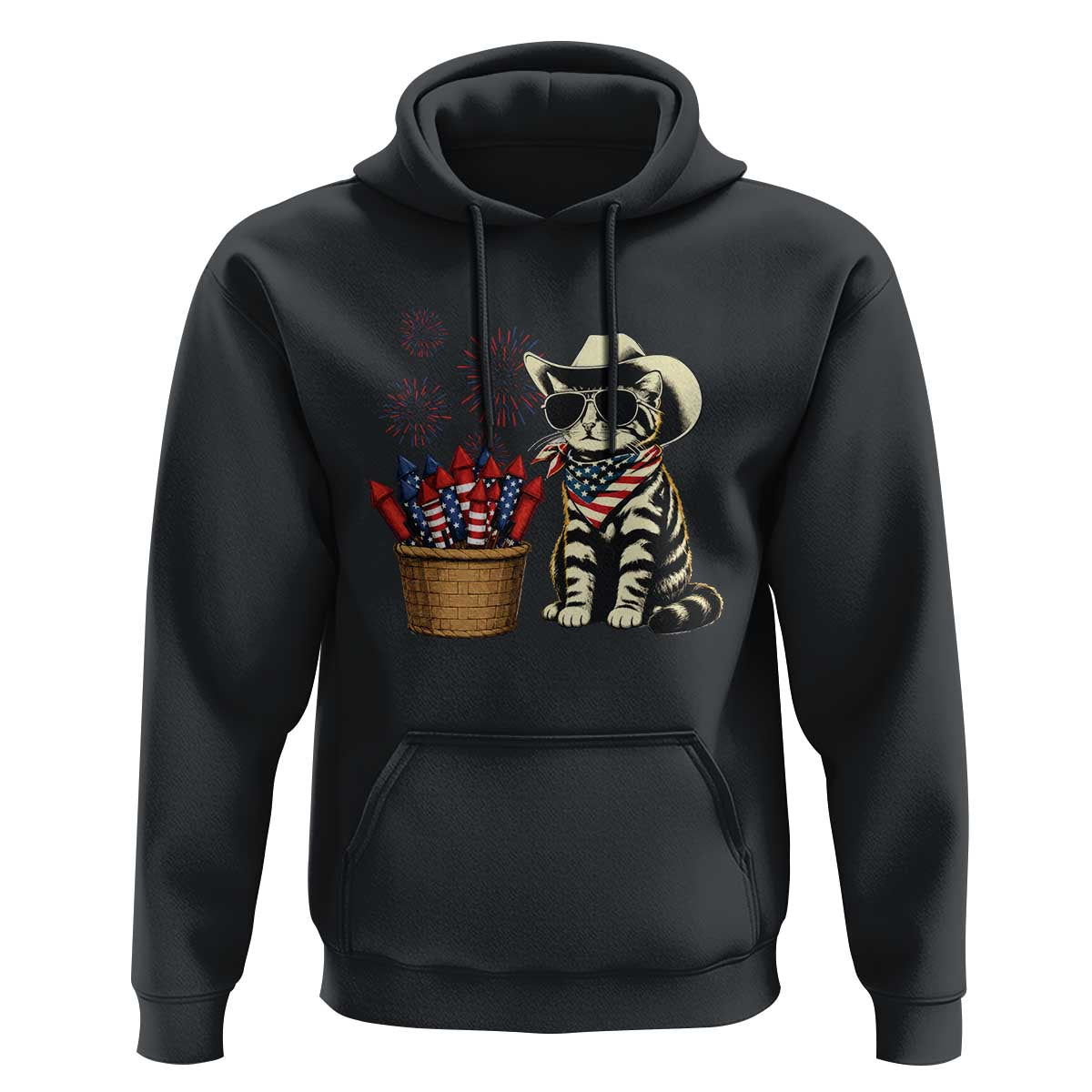 Patriotic Cowboy Cat Hoodie 4th Of July Fireworks Celebration