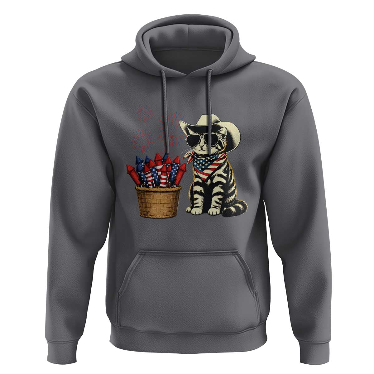 Patriotic Cowboy Cat Hoodie 4th Of July Fireworks Celebration