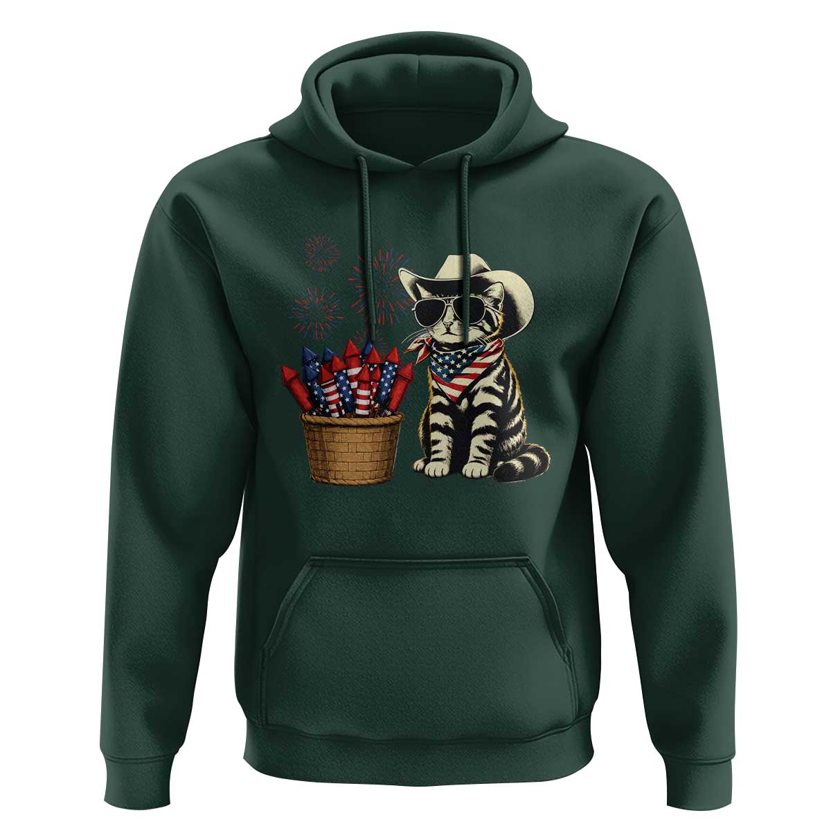 Patriotic Cowboy Cat Hoodie 4th Of July Fireworks Celebration