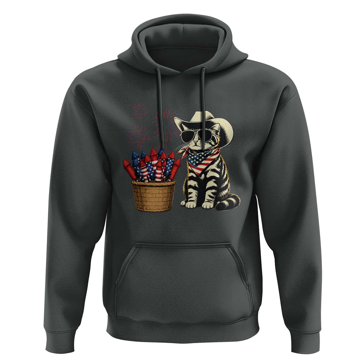 Patriotic Cowboy Cat Hoodie 4th Of July Fireworks Celebration