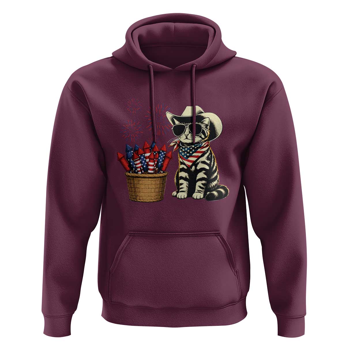 Patriotic Cowboy Cat Hoodie 4th Of July Fireworks Celebration