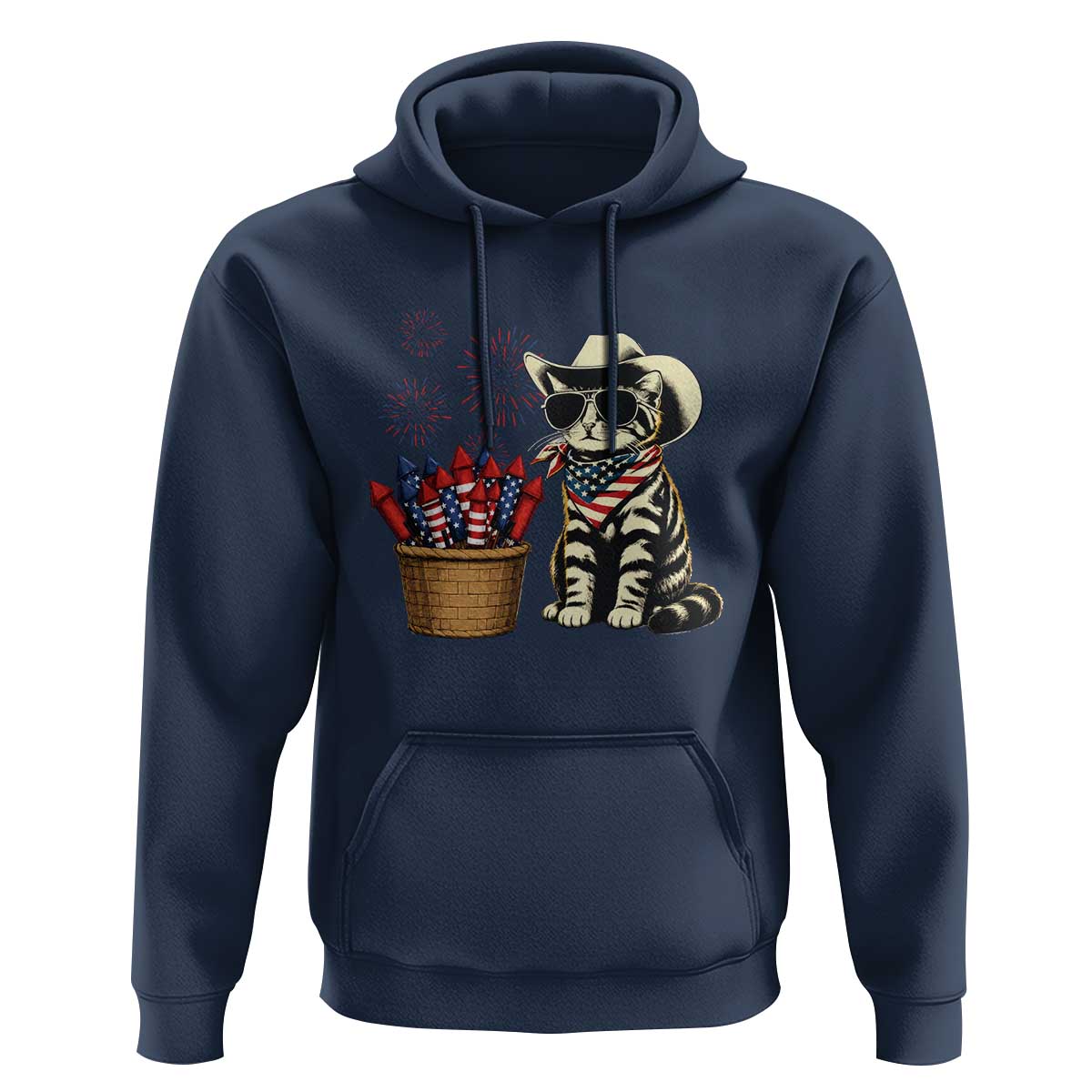 Patriotic Cowboy Cat Hoodie 4th Of July Fireworks Celebration