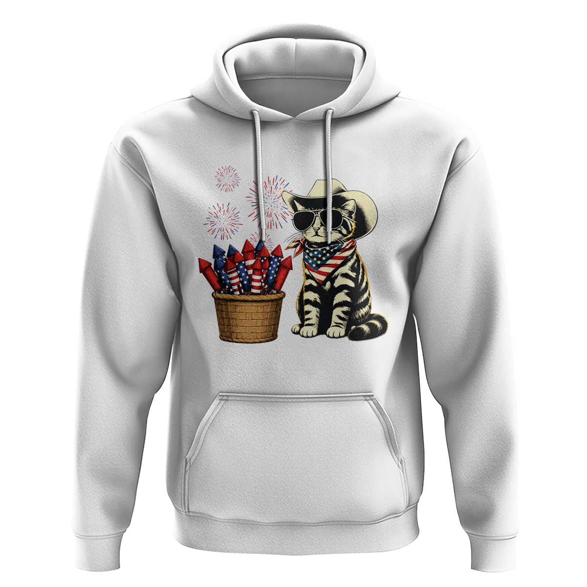 Patriotic Cowboy Cat Hoodie 4th Of July Fireworks Celebration