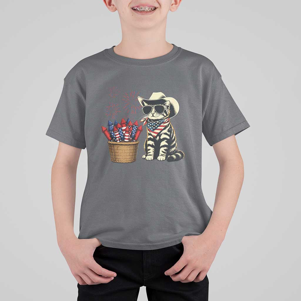 Patriotic Cowboy Cat T Shirt For Kid 4th Of July Fireworks Celebration