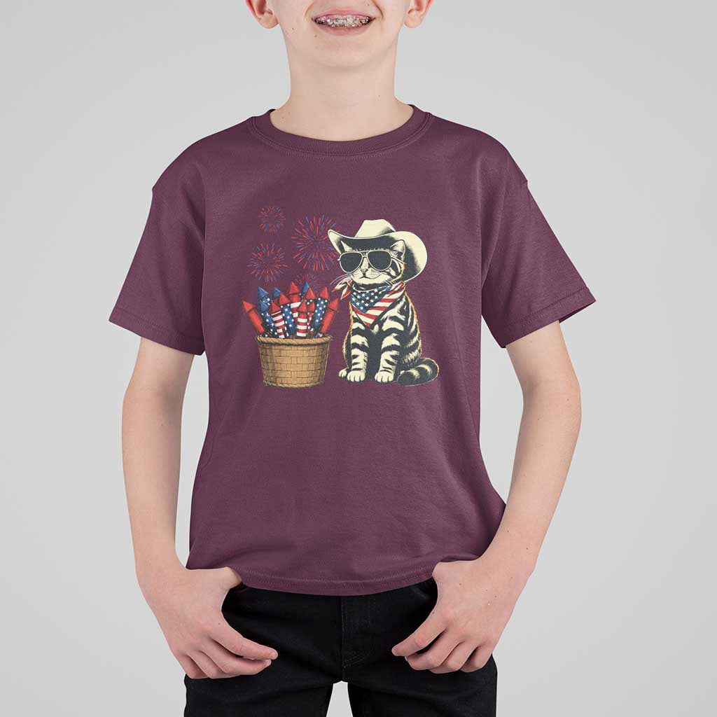 Patriotic Cowboy Cat T Shirt For Kid 4th Of July Fireworks Celebration