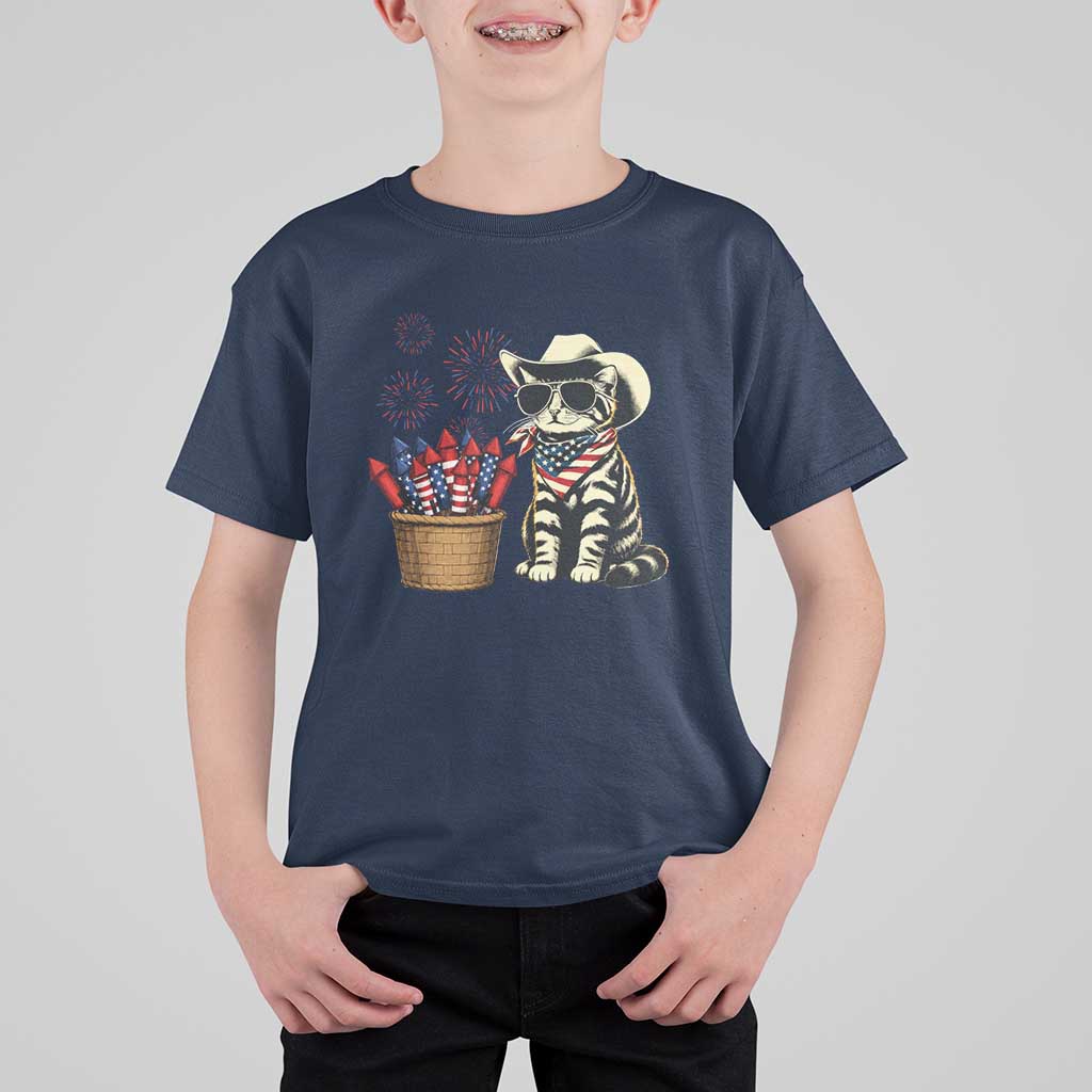 Patriotic Cowboy Cat T Shirt For Kid 4th Of July Fireworks Celebration