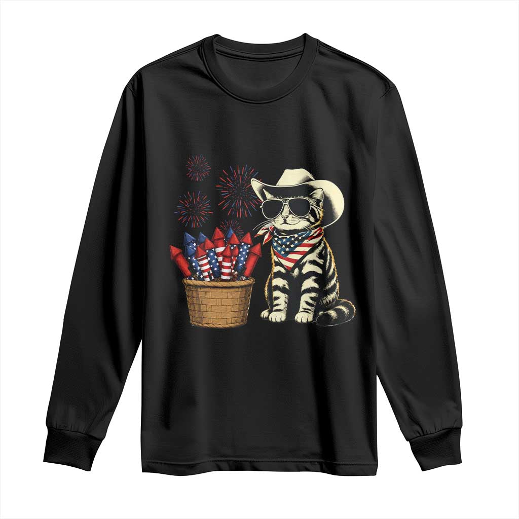 Patriotic Cowboy Cat Long Sleeve Shirt 4th Of July Fireworks Celebration