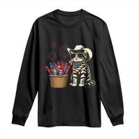 Patriotic Cowboy Cat Long Sleeve Shirt 4th Of July Fireworks Celebration