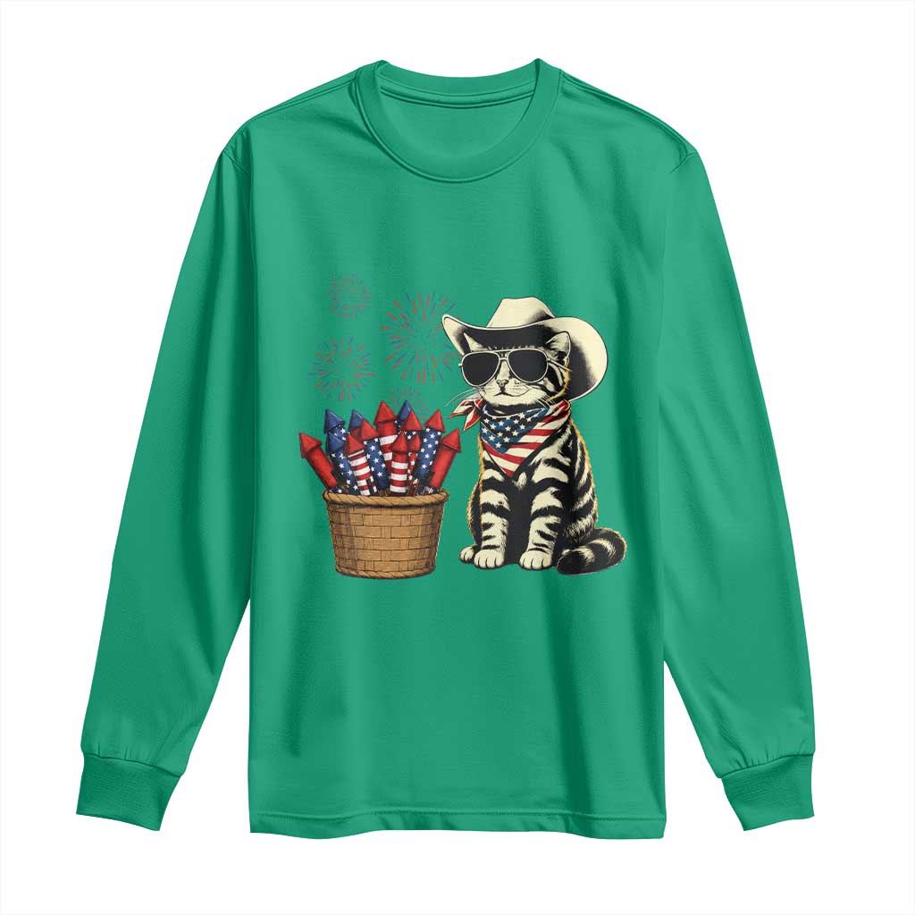 Patriotic Cowboy Cat Long Sleeve Shirt 4th Of July Fireworks Celebration