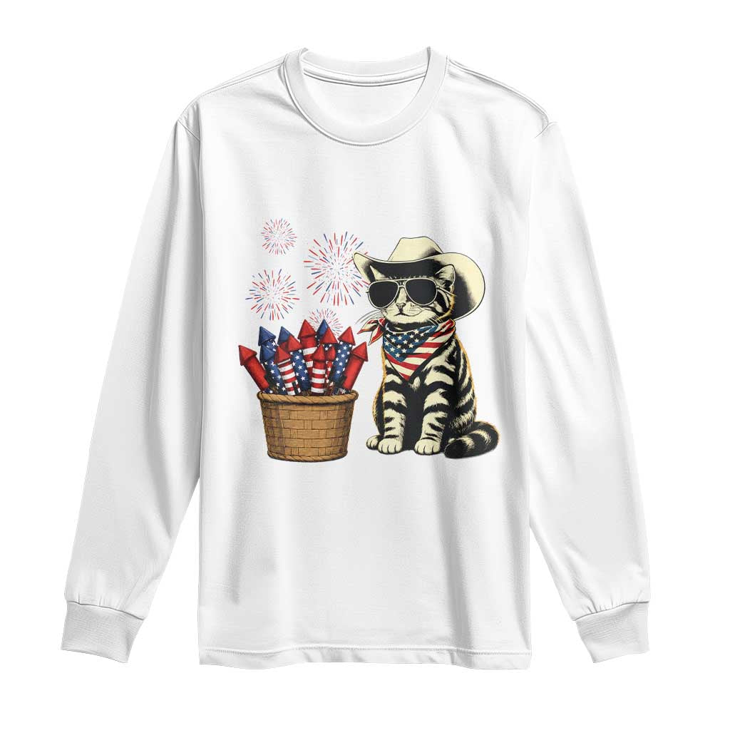 Patriotic Cowboy Cat Long Sleeve Shirt 4th Of July Fireworks Celebration