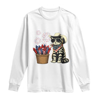 Patriotic Cowboy Cat Long Sleeve Shirt 4th Of July Fireworks Celebration