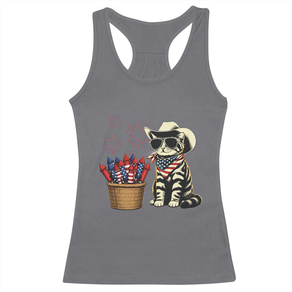 Patriotic Cowboy Cat Racerback Tank Top 4th Of July Fireworks Celebration