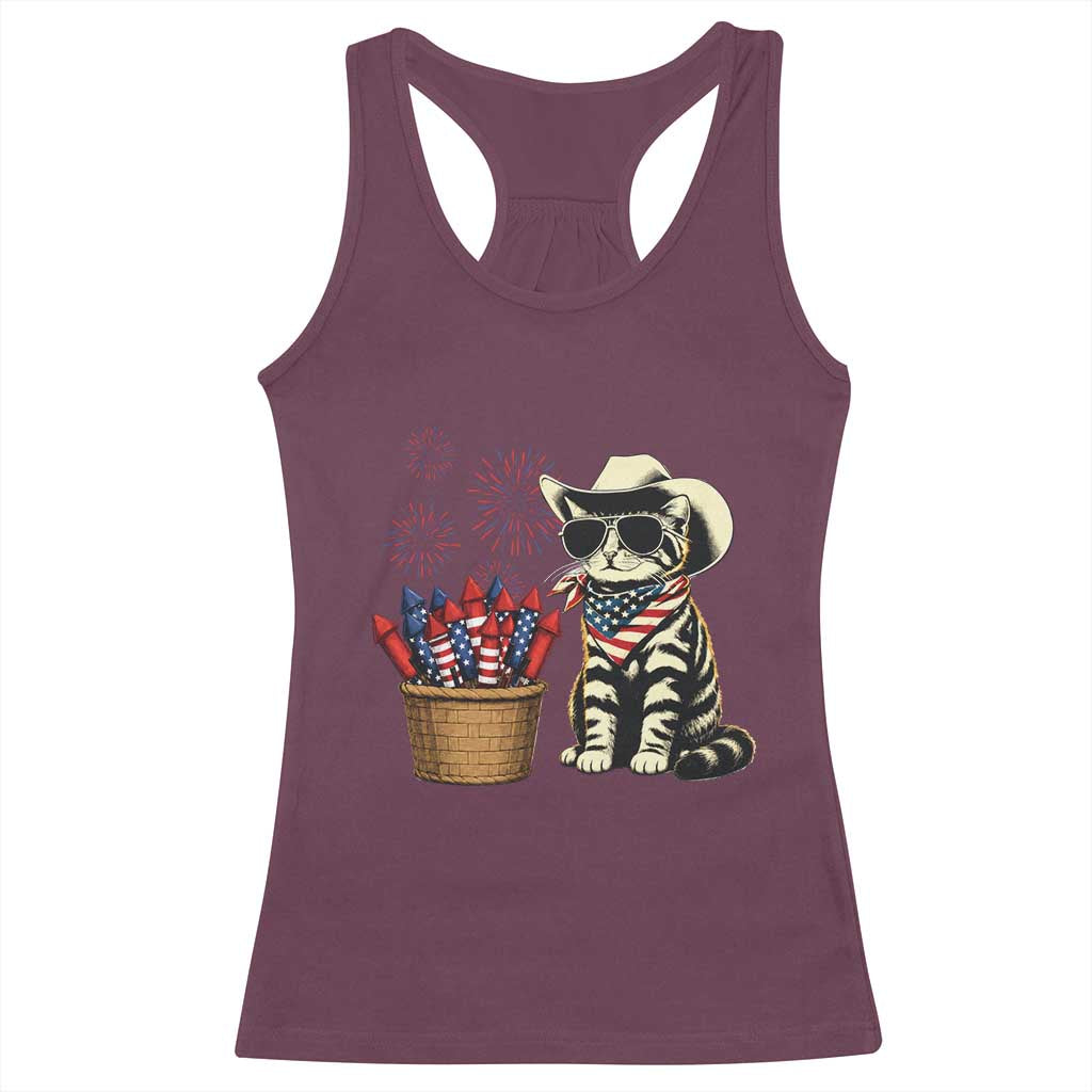 Patriotic Cowboy Cat Racerback Tank Top 4th Of July Fireworks Celebration