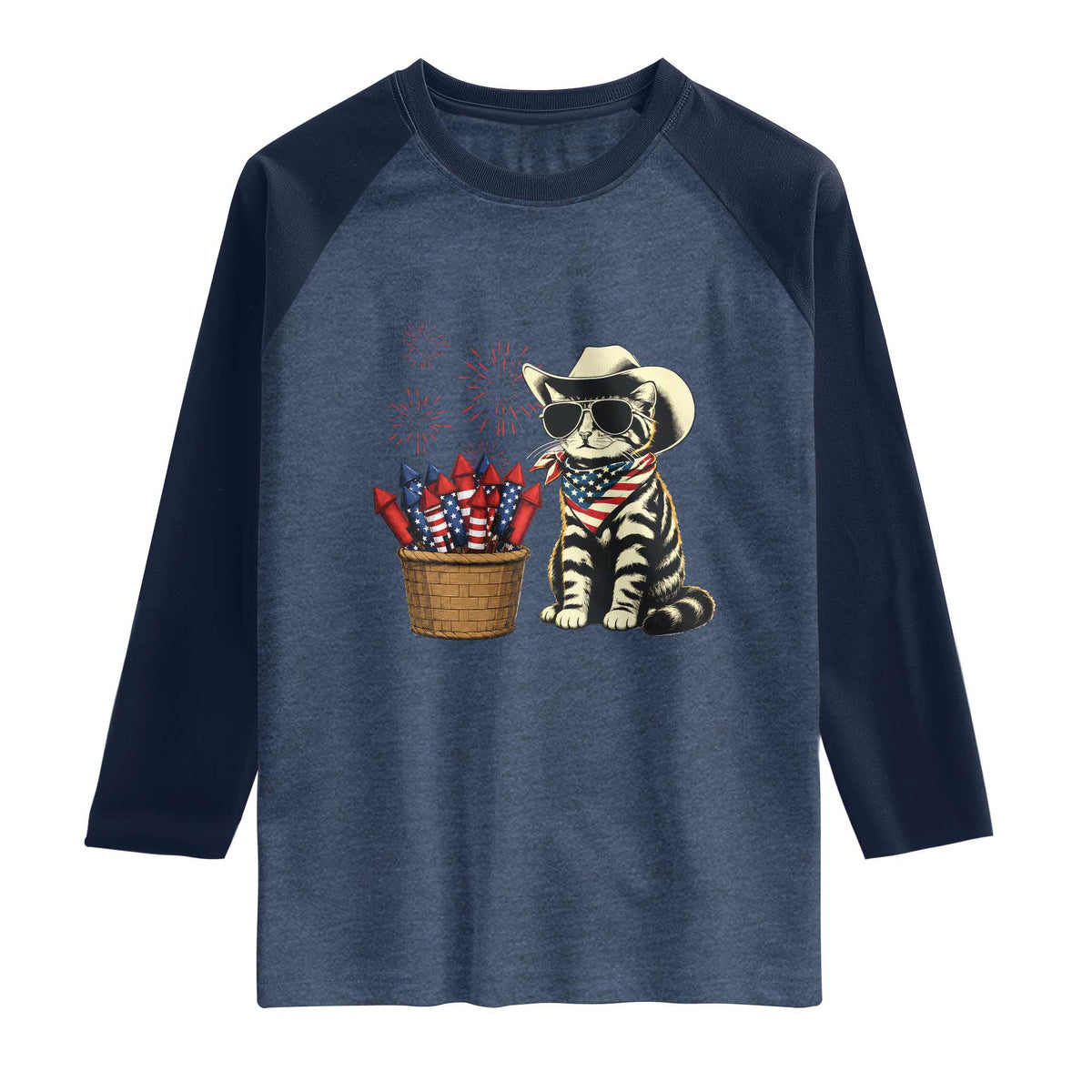 Patriotic Cowboy Cat Raglan Shirt 4th Of July Fireworks Celebration