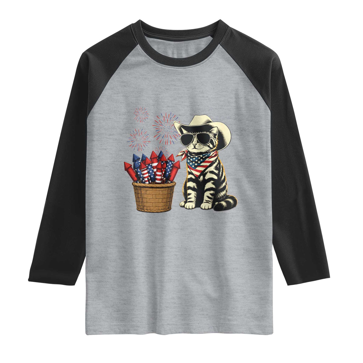 Patriotic Cowboy Cat Raglan Shirt 4th Of July Fireworks Celebration