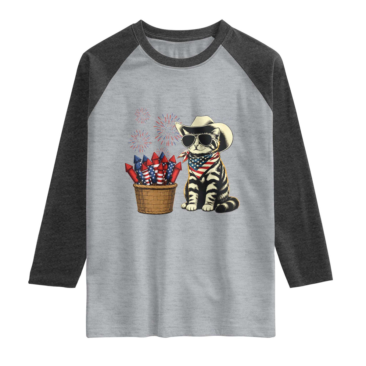 Patriotic Cowboy Cat Raglan Shirt 4th Of July Fireworks Celebration