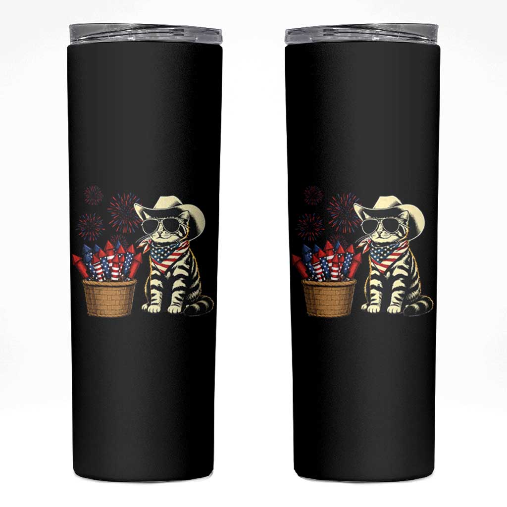 Patriotic Cowboy Cat Skinny Tumbler 4th Of July Fireworks Celebration