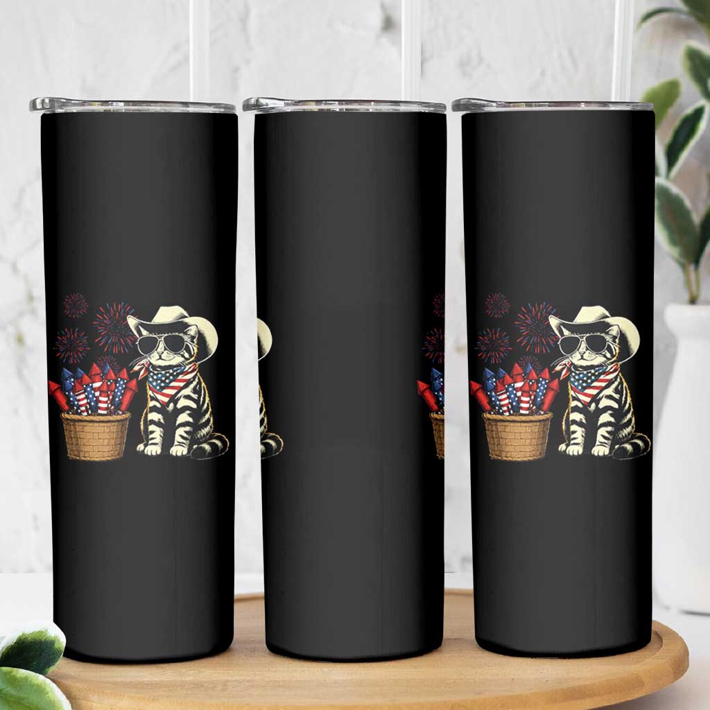 Patriotic Cowboy Cat Skinny Tumbler 4th Of July Fireworks Celebration