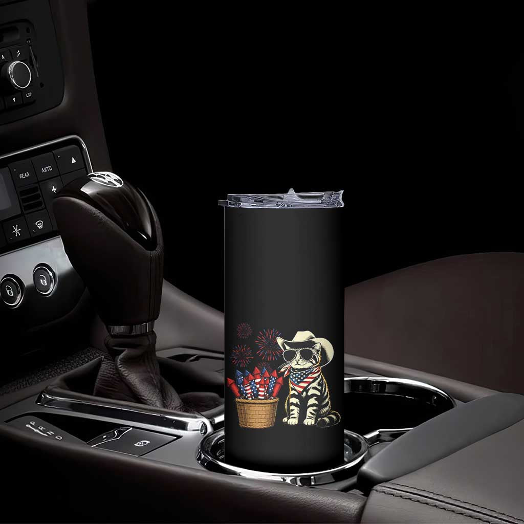 Patriotic Cowboy Cat Skinny Tumbler 4th Of July Fireworks Celebration