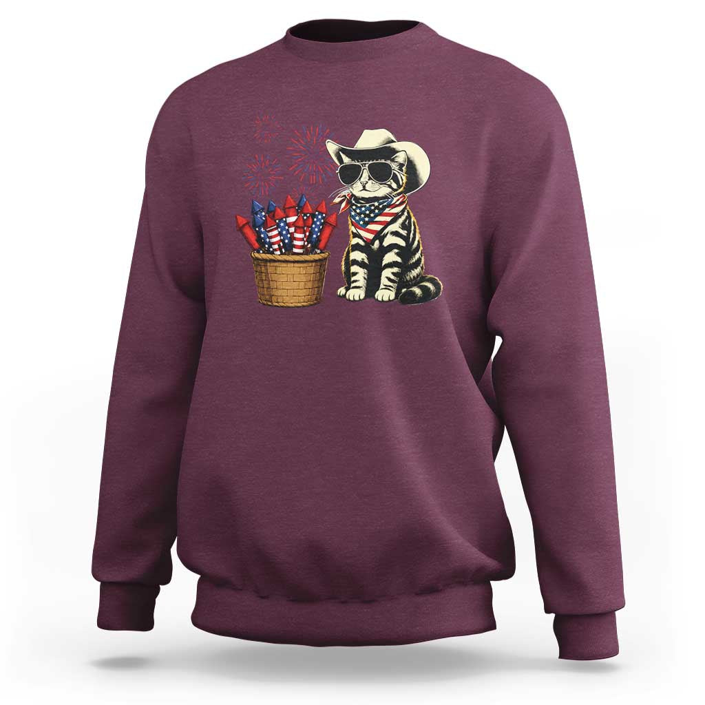 Patriotic Cowboy Cat Sweatshirt 4th Of July Fireworks Celebration