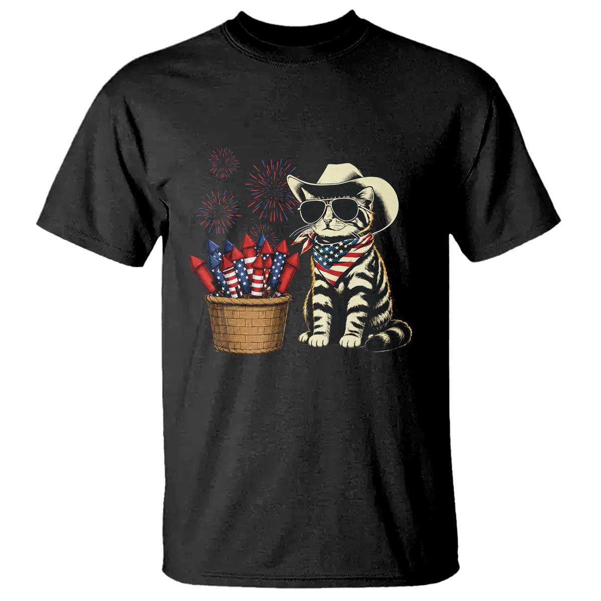 Patriotic Cowboy Cat T Shirt 4th Of July Fireworks Celebration
