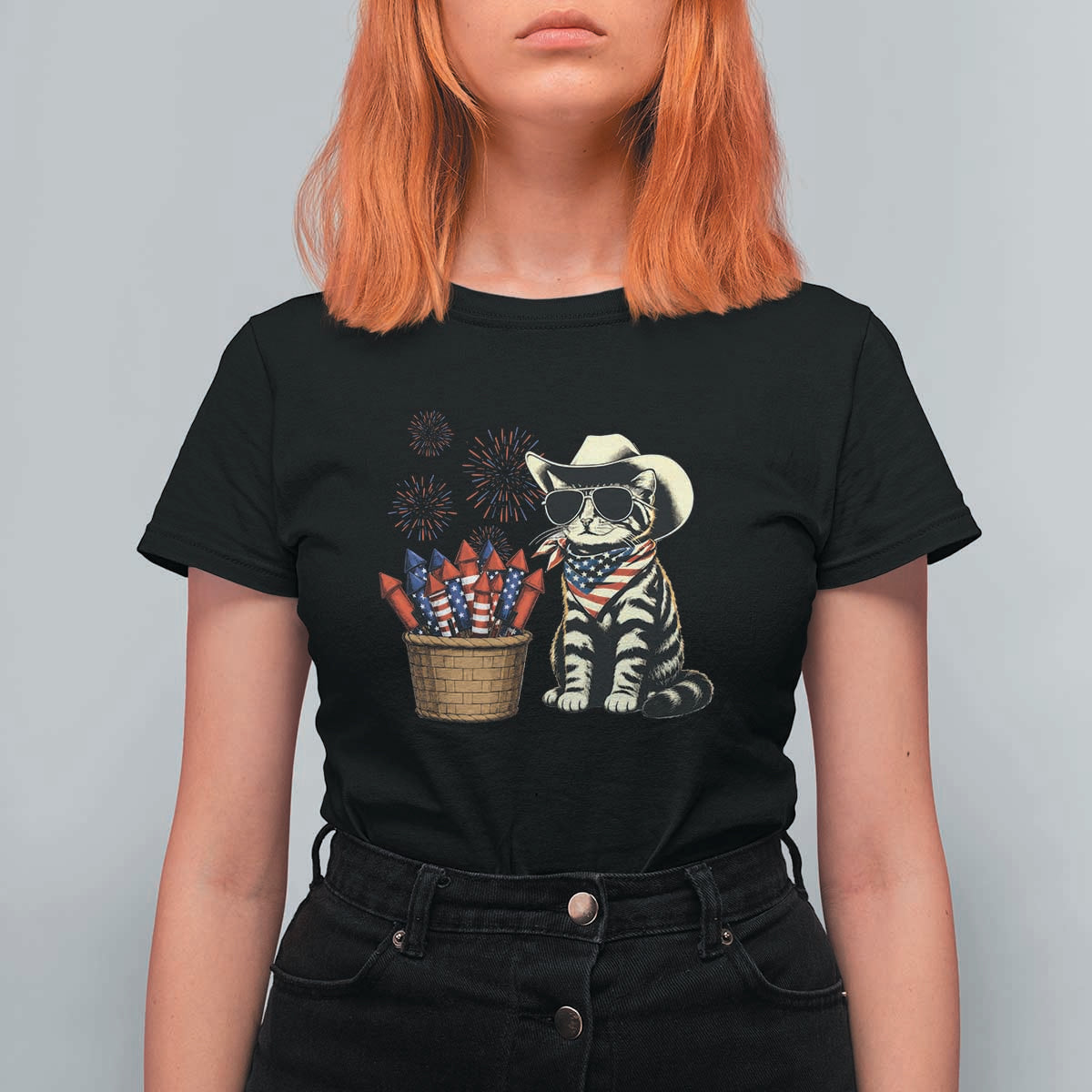 Patriotic Cowboy Cat T Shirt For Women 4th Of July Fireworks Celebration