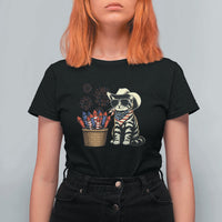 Patriotic Cowboy Cat T Shirt For Women 4th Of July Fireworks Celebration