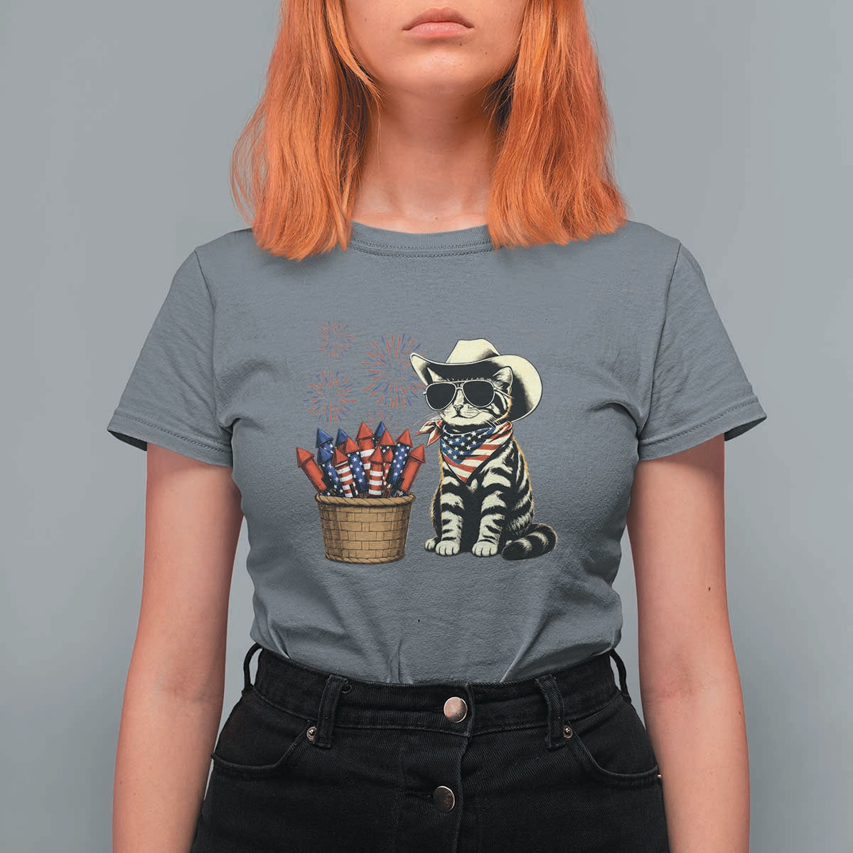 Patriotic Cowboy Cat T Shirt For Women 4th Of July Fireworks Celebration