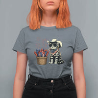 Patriotic Cowboy Cat T Shirt For Women 4th Of July Fireworks Celebration